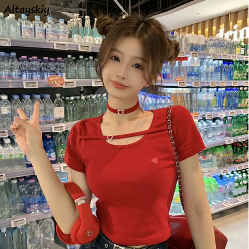 

T-shirts Women Hotsweet Crop Tops All-match Y2k Casual Heart Ulzzang Fashion Students Tender Streetwear Slim Girlish Aesthetic