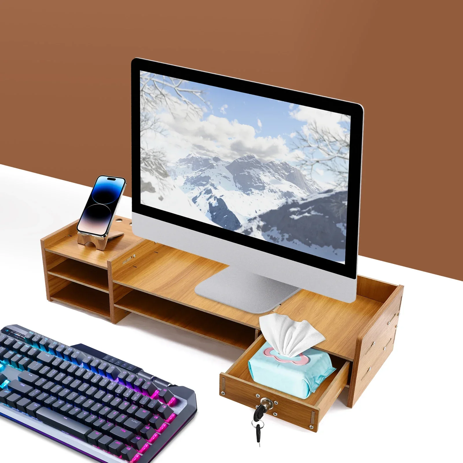 Wood Desk Organizer Home Office Desktop Storage Drawer Computer Holder With Lock 4