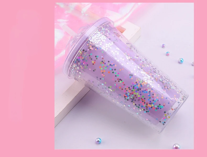 ZUARFY 550ml Creative Rainbow Plastic Water Bottle Double Layer Shiny  Quicksand Sequins Kawaii Drinking Cup with Straw Lid Coffee Juice Tumblers  Mug Drinkware 