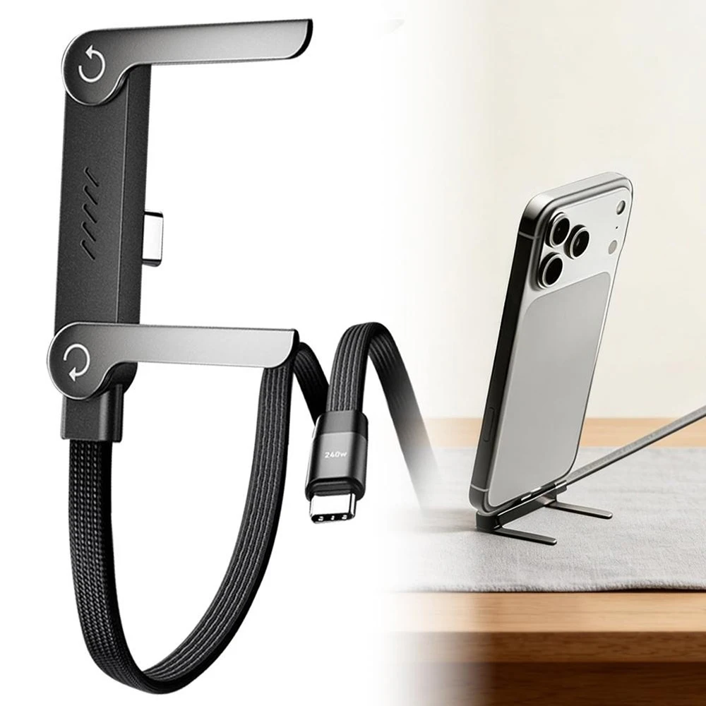 240W 2 in 1 Type C Charging Cable Foldable Phone Holder Built in Stand Fast Charging Data Cord for iPhone Samsung Xiaomi Android 1