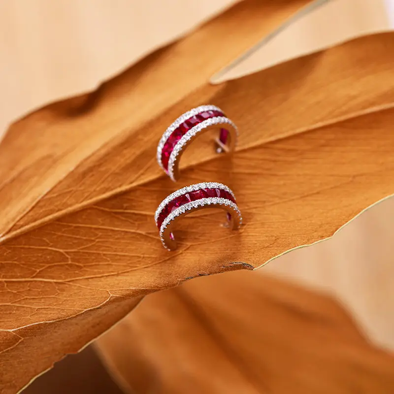 Dropshipping Luxury 925 Sterling Silver Ruby Diamond C Shape Ear Circle Ring Ear Huggie Earring Ruby High Fine Jewelry Wholesale