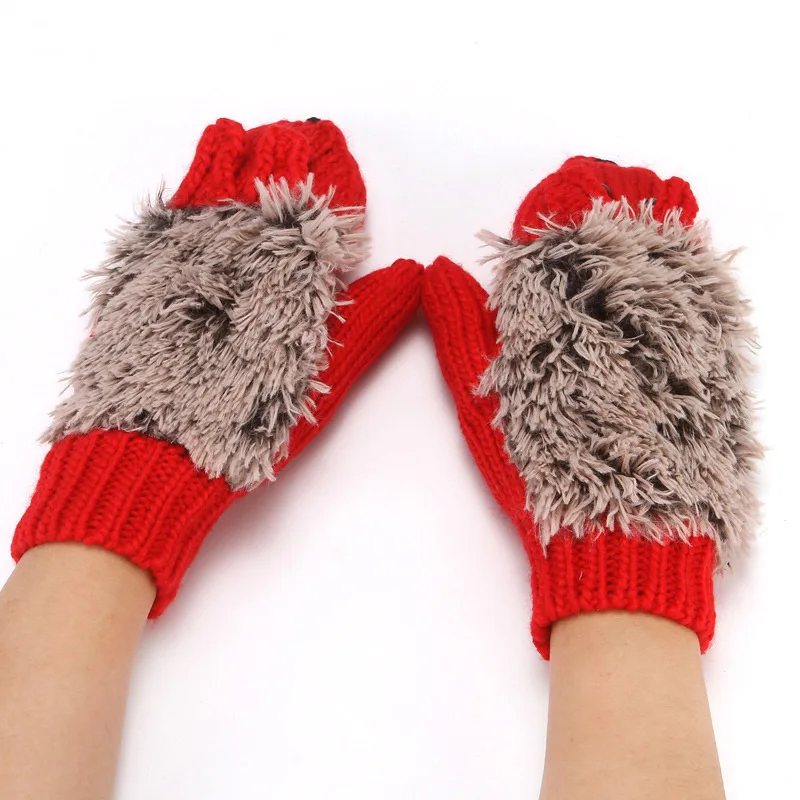 

2023 Women Winter Wool Warm Mittens Cartoon Hedgehog Fingerless Gloves Lovely Knitting Gloves Without Fingers For Adult Children