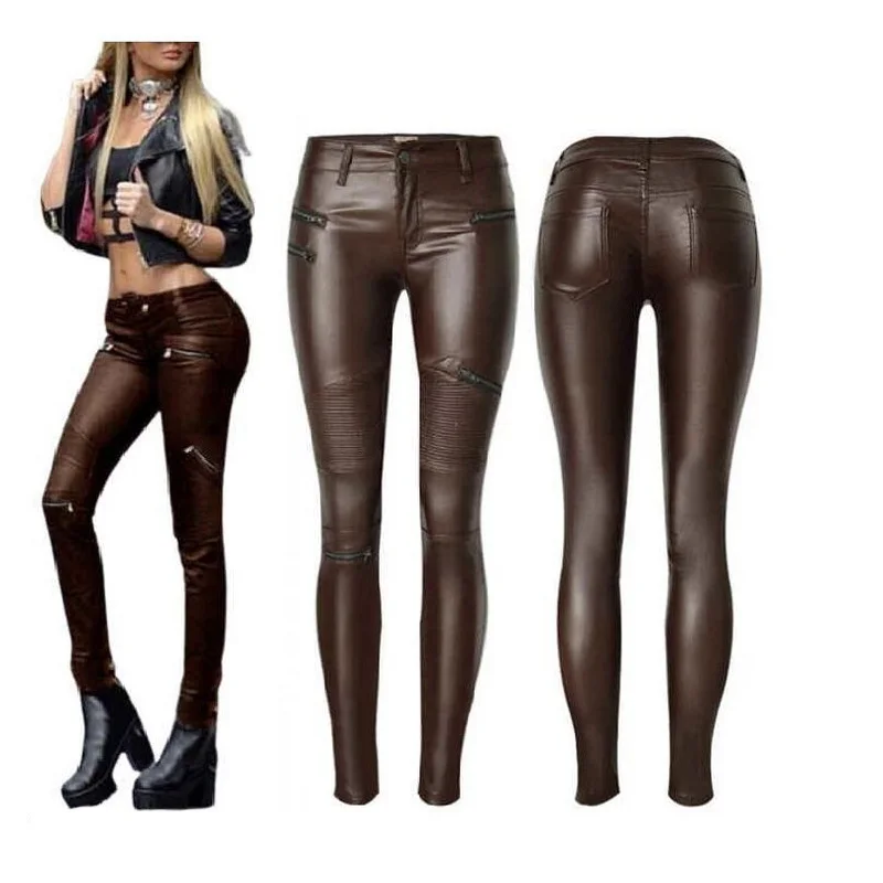 

Coffee Color Faux Leather Pants Women Skinny Multi Zipper Motorcycle Style Leather Pencil Pants