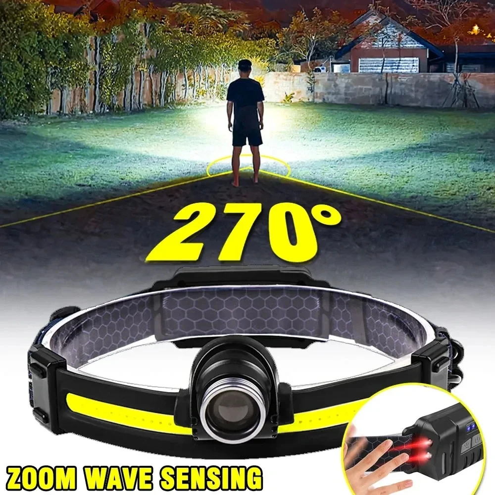 Powerful LED headlight 7 mode XPE+COB sensor for fishing, cycling and night running