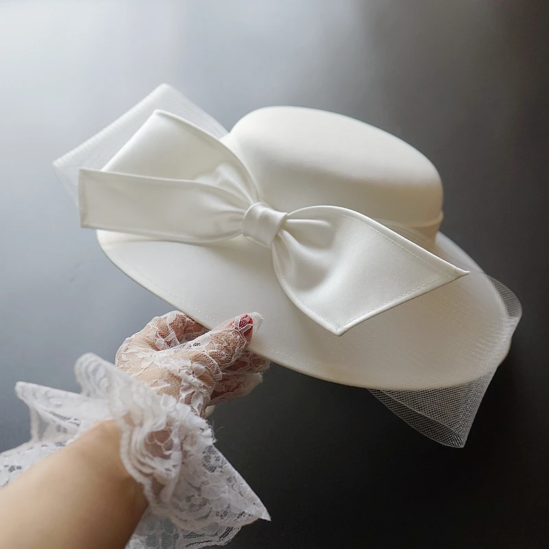 Vintage White Wedding Hat – Pleated Band & Bow – Elegant Bridal Headpiece Bridal Mini Hat With Bow and Piece of Netting, Creamy White  main image 2