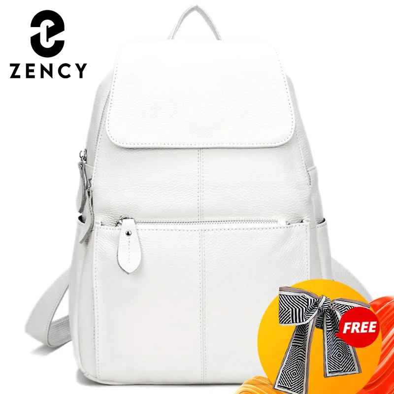 Mochila Zency-Anti-Roubo de Couro Feminina, Mochila de Grande Capacidade, Bolsa Designer de Viagem, Couro Branco, Qualidade, Elegante, A ++