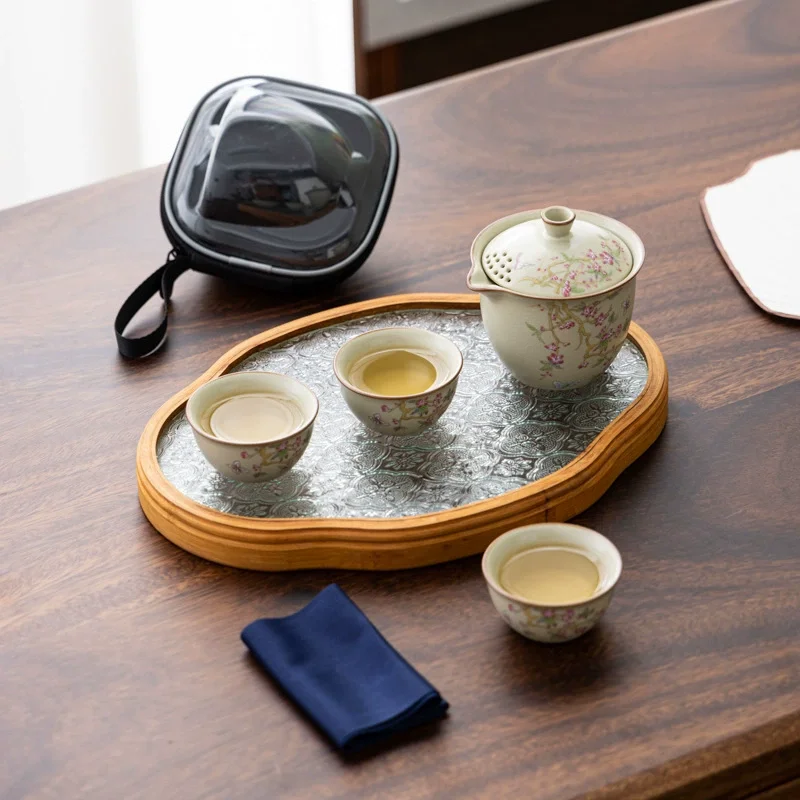 Hand-Painted Peach Blossom Three-Cup Travel Pack Ceramic Travel Kung Fu Tea Set Ruyao