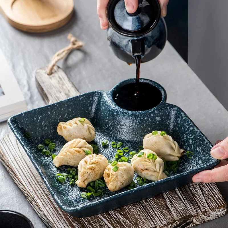 Japanese Ceramic Dumpling Plate with Vinegar Tableware, Simple and Creative Household Division Sushi, Shrimp Fries