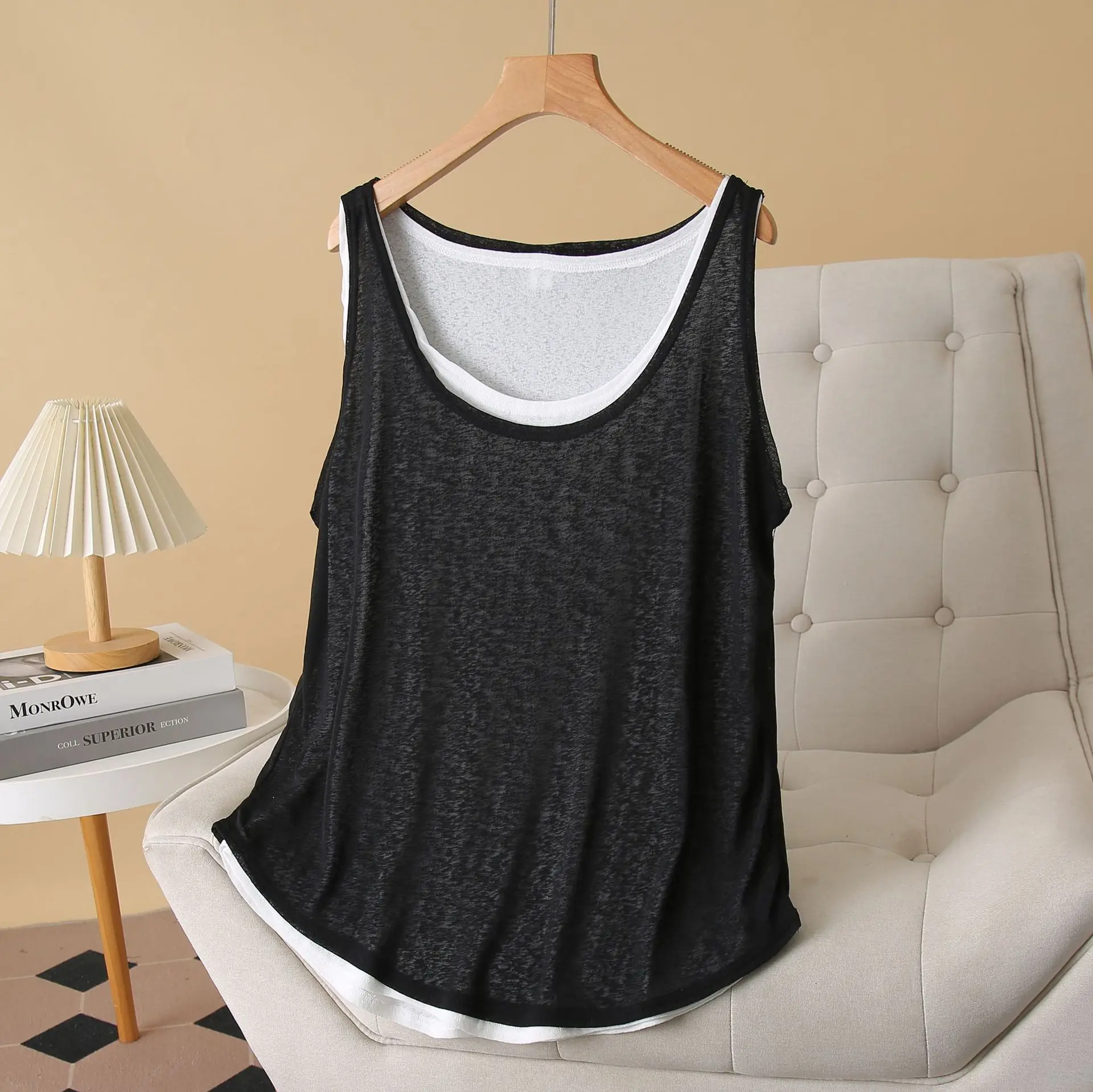 Summer New Plus Size Tank Top Women's Wear 100KG Casual Thin Elastic Double Layer Sleeveless Vest 1650