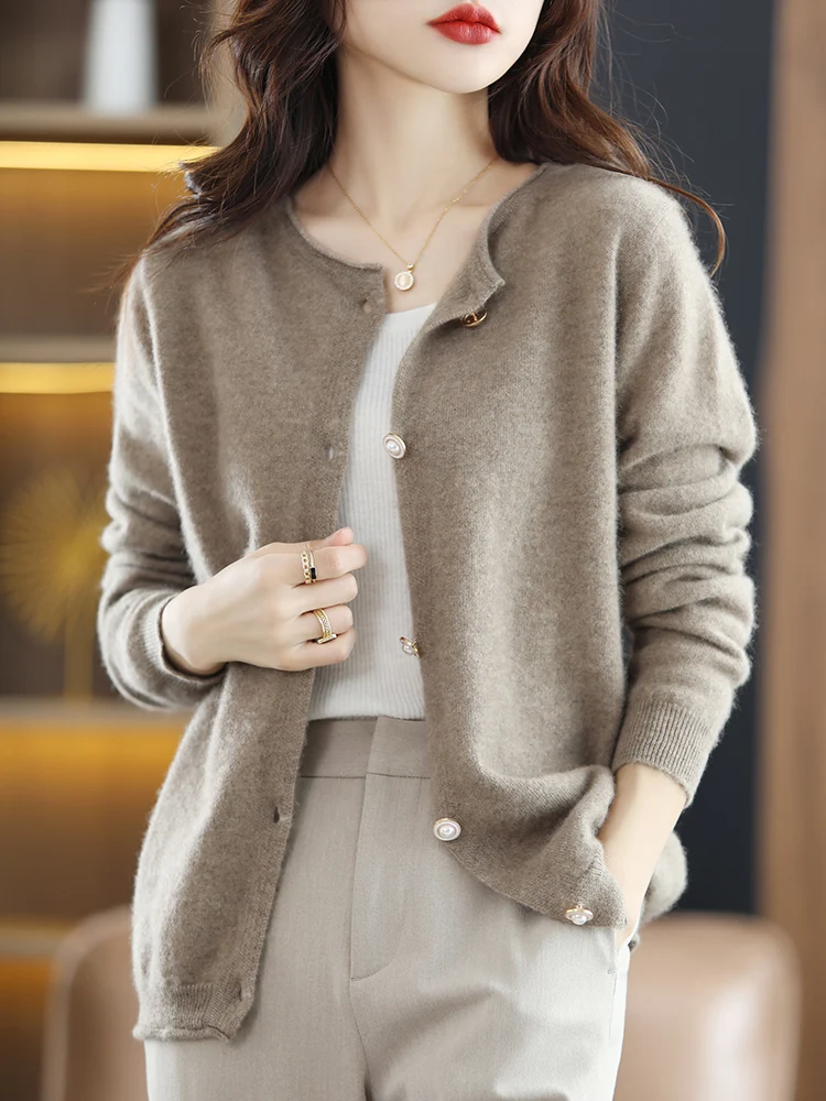 

Autumn Winter O-neck Cardigan Solid Casaul Female Cashmere Sweater 2023 Fashion Top 100% Merinon Wool for Women Sleeve Style Age