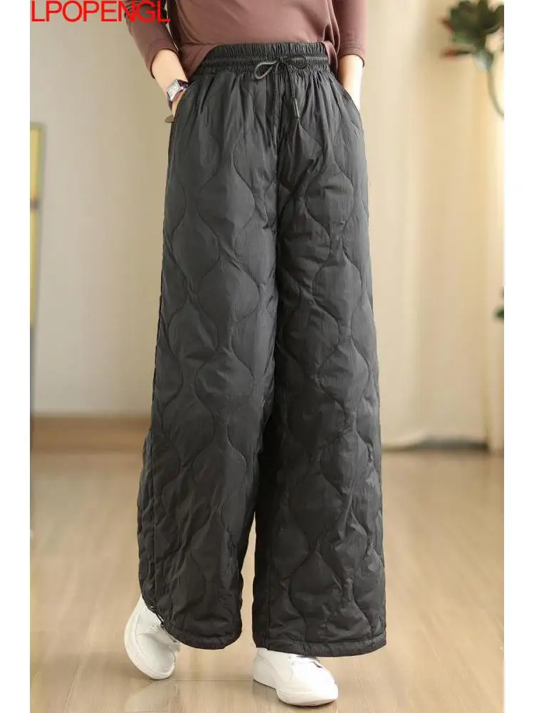 

Women's Autumn And Winter New Windproof Warm Cotton Long Pants Drawstring Streetwear Solid Color Elastic Waist Wide Leg Pants