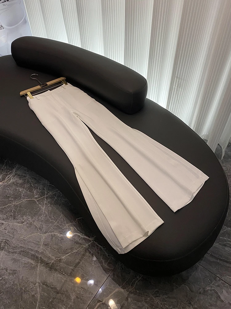 Luxury Fine Workmanship Beads Rhinestone Lady Suit Short Length Coat Slit Wide Leg Pants Women 2Pcs White 3