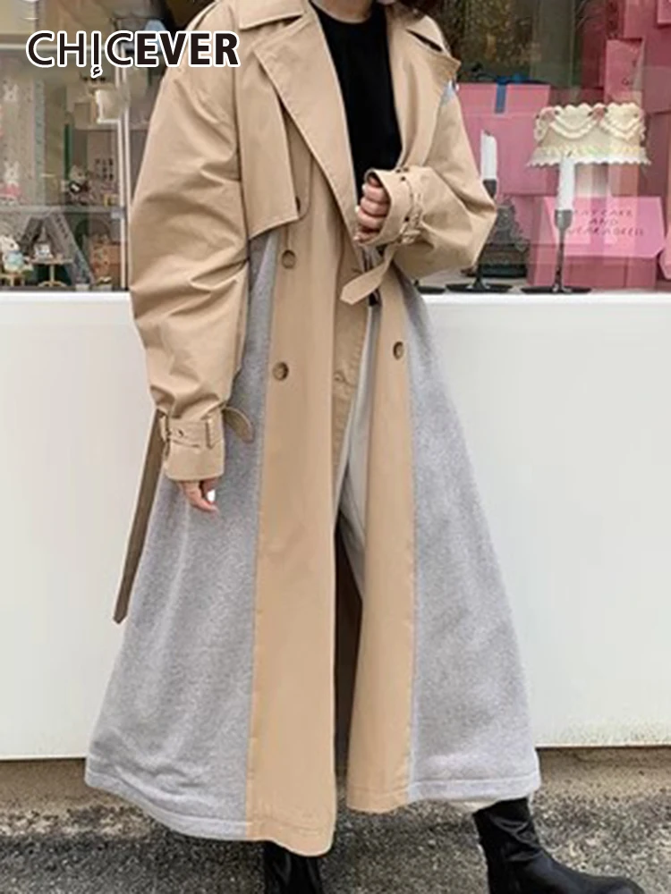 

CHICEVER Korean Vintage Trenches For Women Lapel Long Sleeve Double Breasted Patchwork Lace Up Casual Colorblock Trench Female