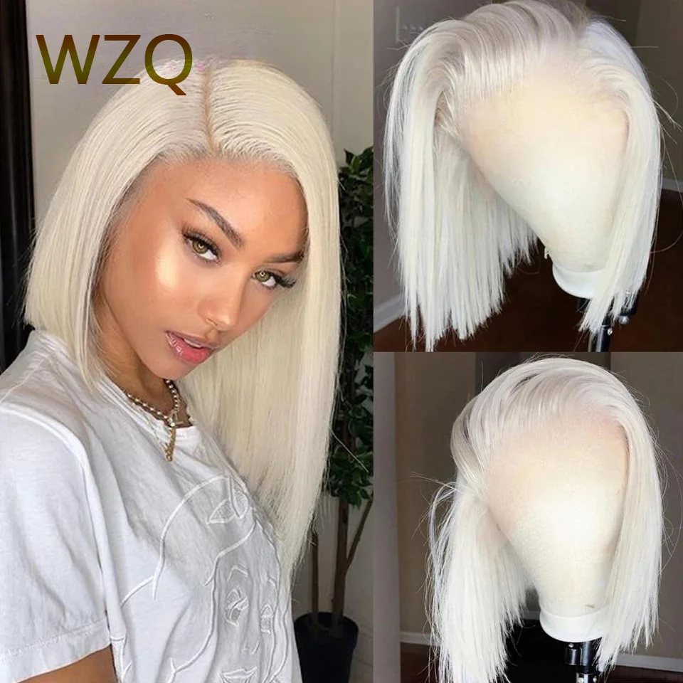

Platinum 60 Colored Short Bob Wig White Blonde Straight 13x4 Lace Front Human Hair Wigs HD Transparent Lace Frontal Wig 180%