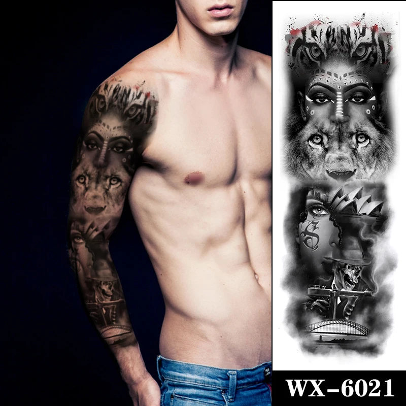 

Indian Nun Lion Tiger Waterproof Temporary Tattoo Sticker Black Mask Skull Gun Fake Tattoos Flash Tatoos Full Arm Art Women Men
