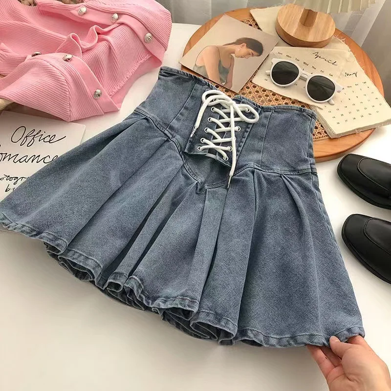 

Girl'S New Stretch Denim Pleated Skirt Crossover Straps and Elastic Waist Short Skirt with Anti-lighting Half Skirt