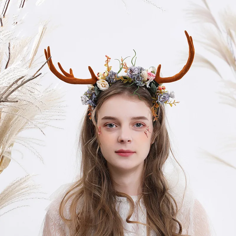 

2022 New Polyester Material Handmade Girls Hair Accessories Headbands Christmas Antlers Women Flower Hairbands for Party Cosplay