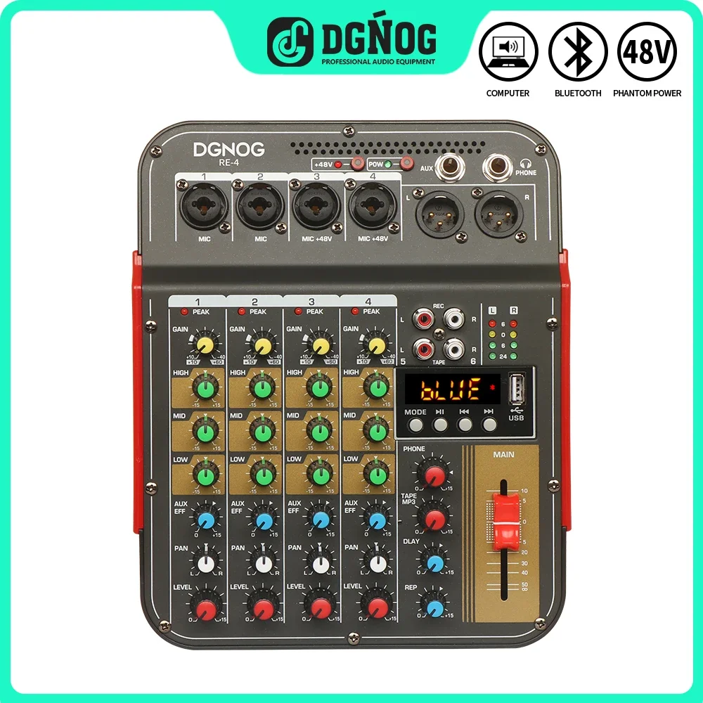 

DGNOG RE4 Professional Portable Sound Mixer 4 Channel Audio Mixing DJ Console Computer Input USB Record Live Broadcast DJ