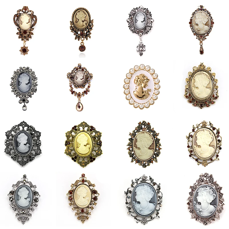 Broche Ancienne Camée Relief Buste Femme - Couleur Or - Occasion Bon état