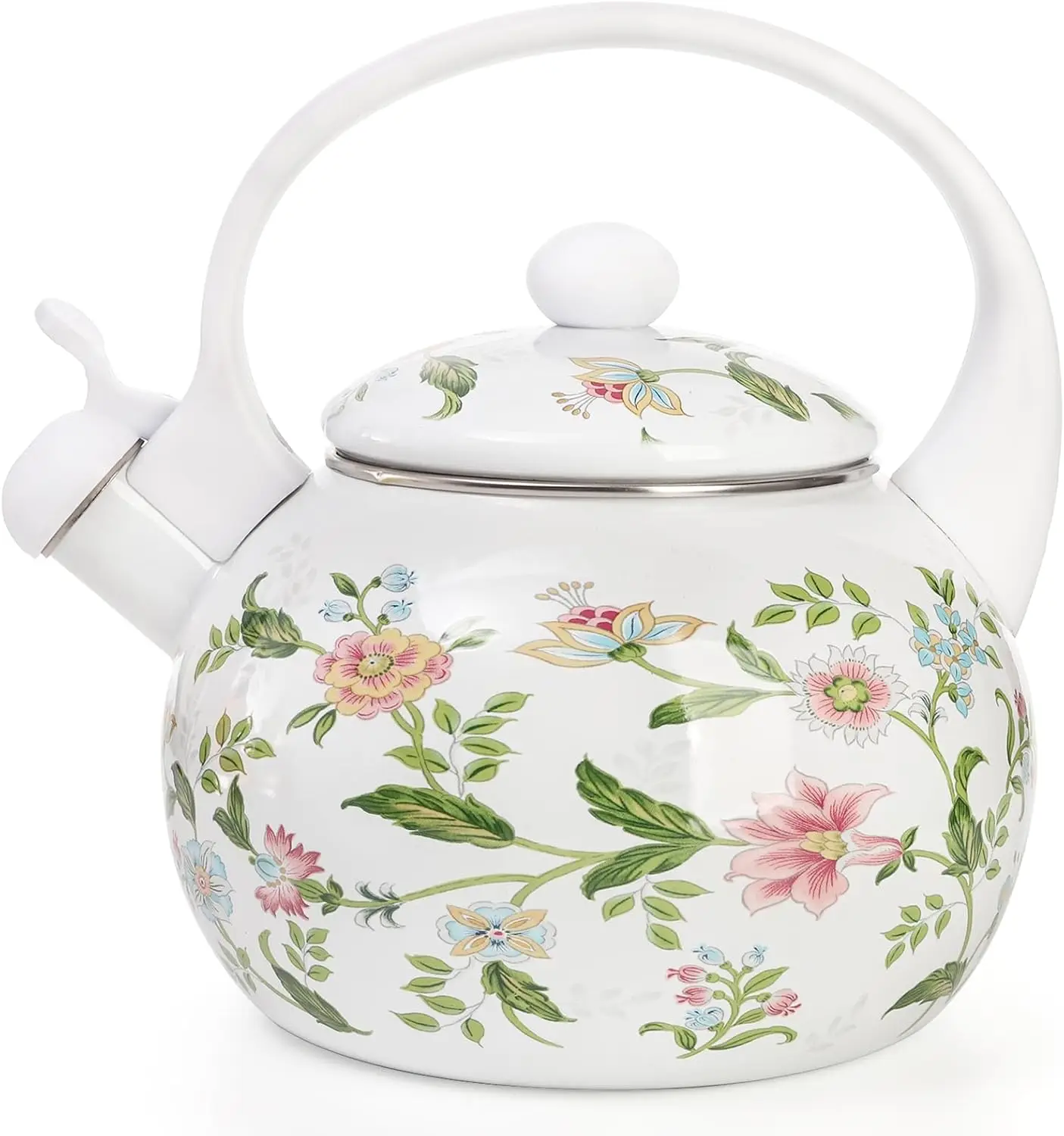 Vintage Enamel Tea Kettle with Whistle, Floral Design for Stove Top, Ideal for Home Kitchen Camping and Gifts