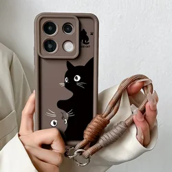Cartoon Black Cat Wrist Chain Lanyard Phone Case for Xiaomi Poco f6 (XG305-Coffee-SS)