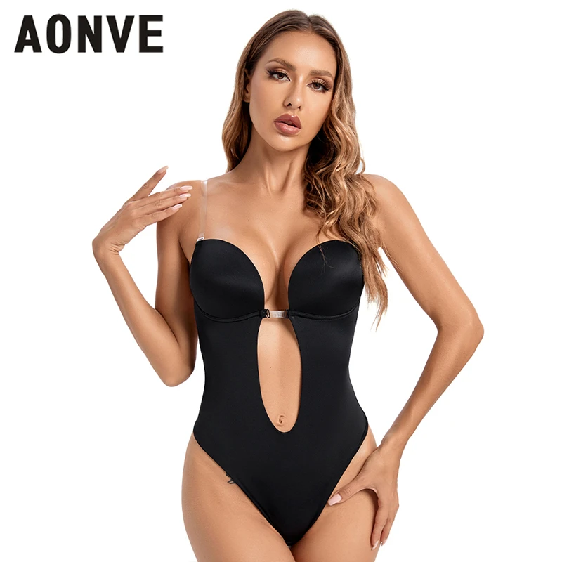 

Body Shapers Women Invisible Bra Backless Bodysuit Deep V-Neck Shapewear Seamless Thongs Push Up Underwear Wedding Party Plus