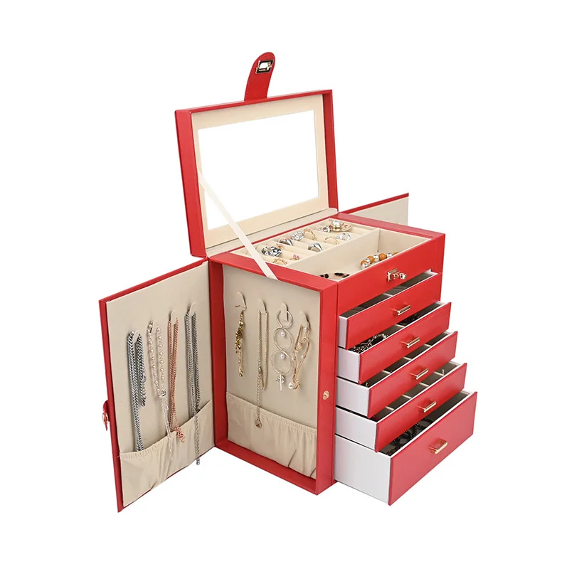 New Large Capacity 6 Layers Jewelry Box with Mirror Leather Earrings Rings Necklaces Jewelry Storage Box Organzers 5 Drawer Gift