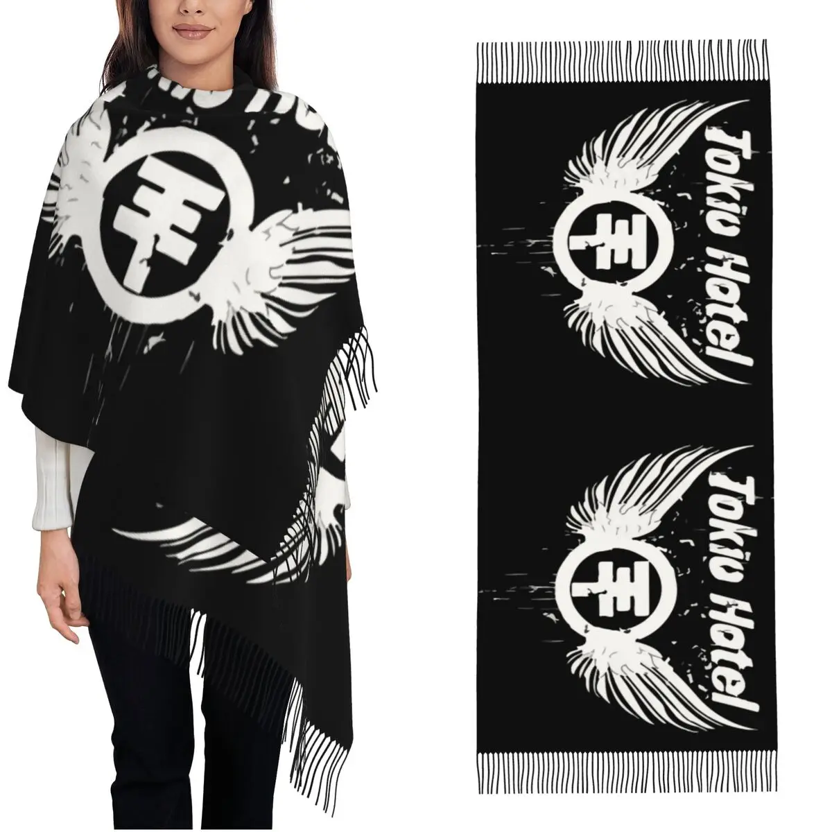 

Tokio Hotel Logo Scarf for Women Fall Winter Cashmere Shawl Wrap Rock Music Large Scarves with Tassel for Daily Wear