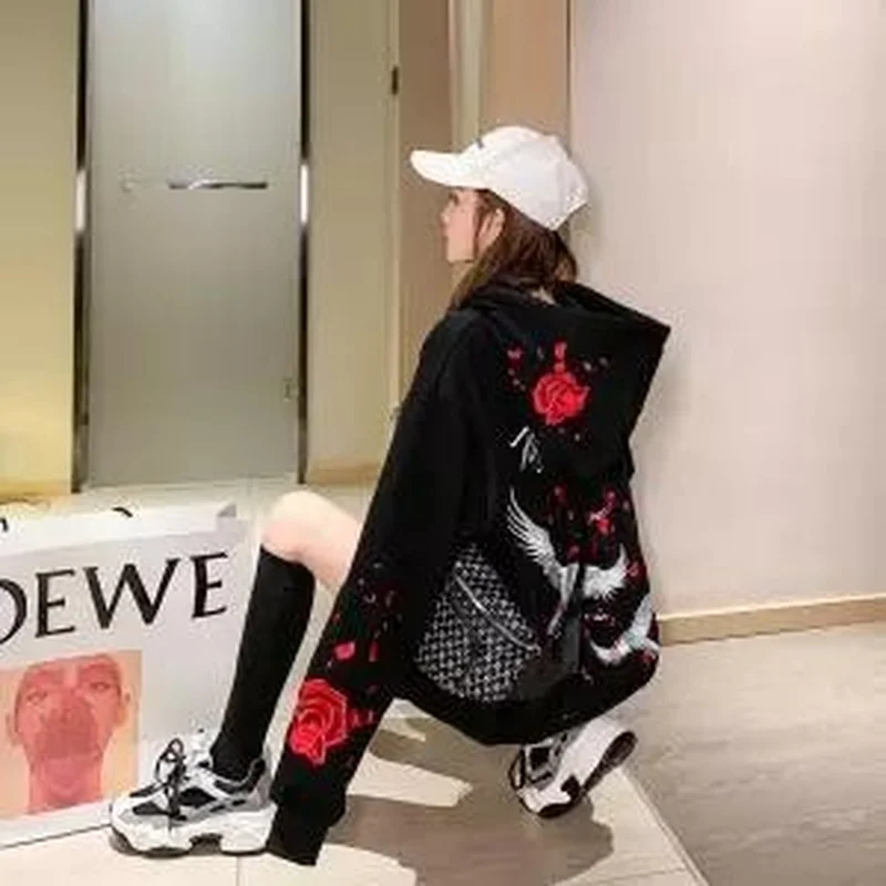 Female Loose Sweatshirts Streetwear Winter Casual Tops Hooded Pullover Women Autumn Long Sleeve Rose Bird Print Harajuku Hoodies
