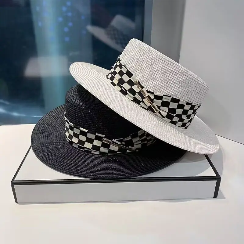 

New Summer Hat For Women Fashion Plaid British Retro Flat Top Straw Hat Wide Brim Fedora Hat UV Protection Travel Beach Sun Hat