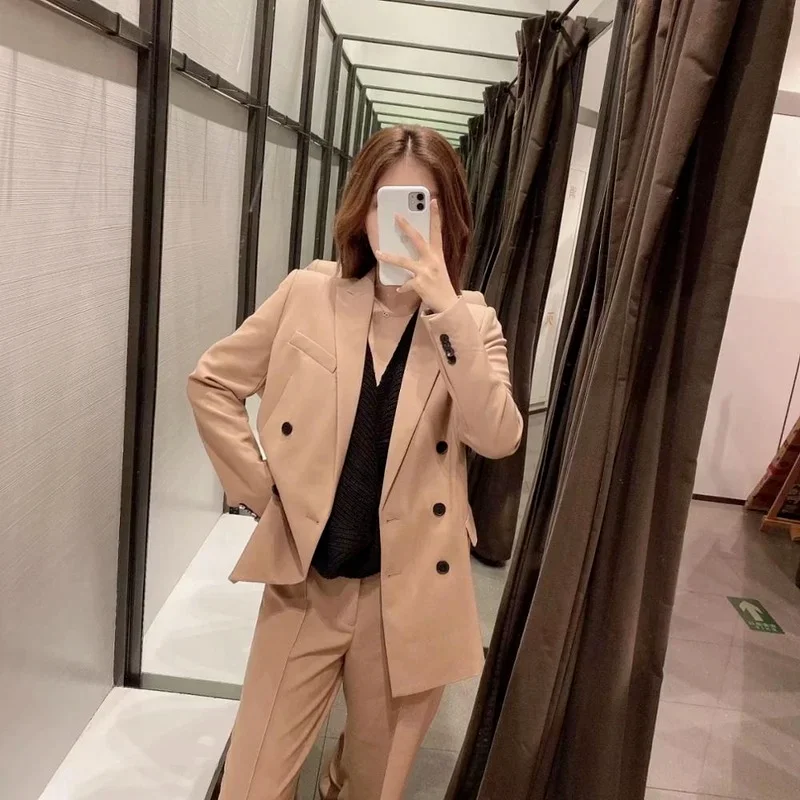 

Two-piece Set Solid Color Pants England Style Double Breasted Long Sleeve 2023 Autumn Winter Blazer+High Waist Straigt Trousers