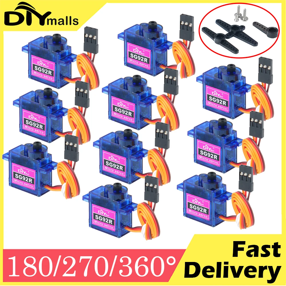 10 Stück 9g SG92R Micro Mini Servomotor 180 270 360 Grad Kontinuierliche Rotation für Roboter RC Drohne Flugzeugmodell Helikopter Spielzeug