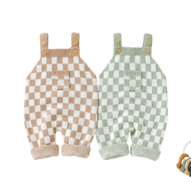 Soft Knitted Checkerboard Baby Romper Overalls for Autumn