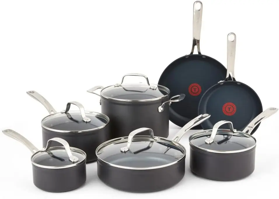 

T-fal Platinum Hard Anodized Nonstick Cookware Set 12 Piece Oven Broiler Safe 500F, Lid Safe 350F Pots and Pans, Dishwasher Safe