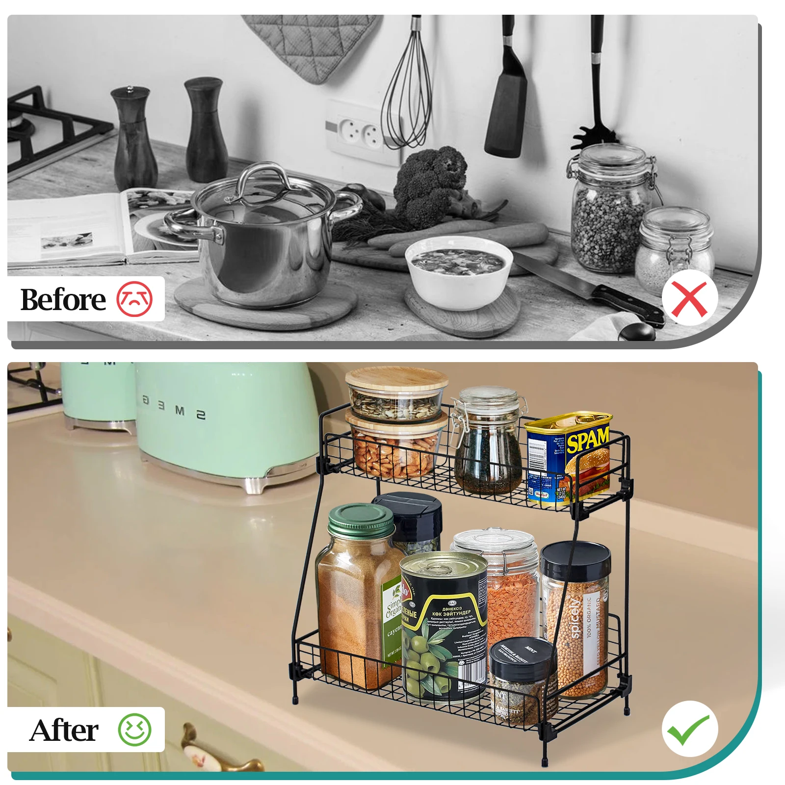 Standing 2 Tiers Spice Herb Jar Rack Holder Storage Organizer Counter Shelf Black: 3 - 5 Days Free Delivery Only UK