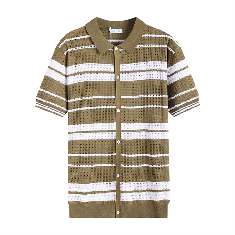 Loose Fit Knitted Polo Shirts Man Single Breasted Viscose Elastic Summer Quality Hollow Out Breathable Striped Camisas De Hombre 24 Sceffe14136314f37ab5045a5687a14966