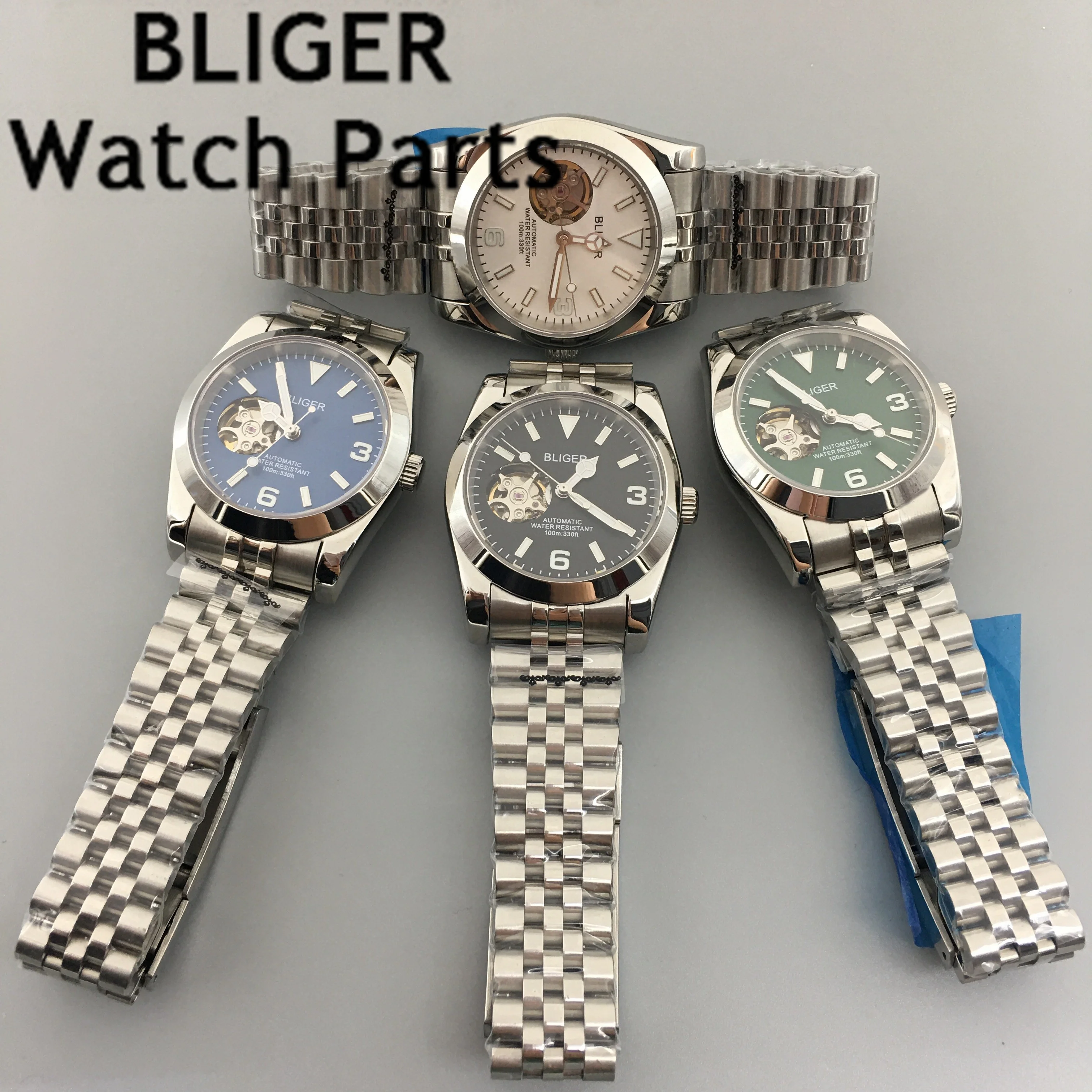 BLIGER 36mm 39mm NH38A Movement  Automatic Watch Men Blue White Black Green Dial Bezel Flat Sapphire Glass Jubilee Strap