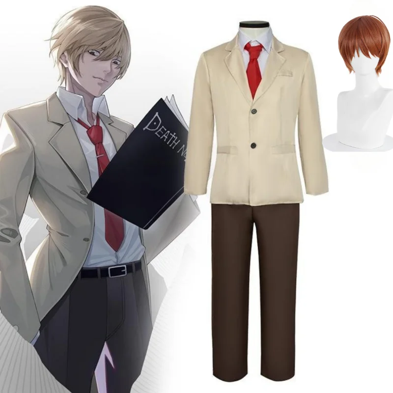 

Anime DEATH NOTE Yagami Light Cospaly Costume Beige School Suit Overcoat Shirt Pants Tie Wig Full Uniforms Halloween Costumes