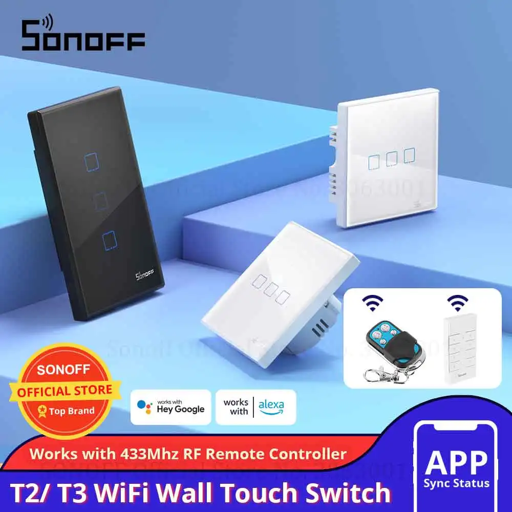 Smart Switch SONOFF T2/ T3 EU/ UK/ US Wifi/ 433mhz RF 1/2/3 Gang Remote Control For Smart Home