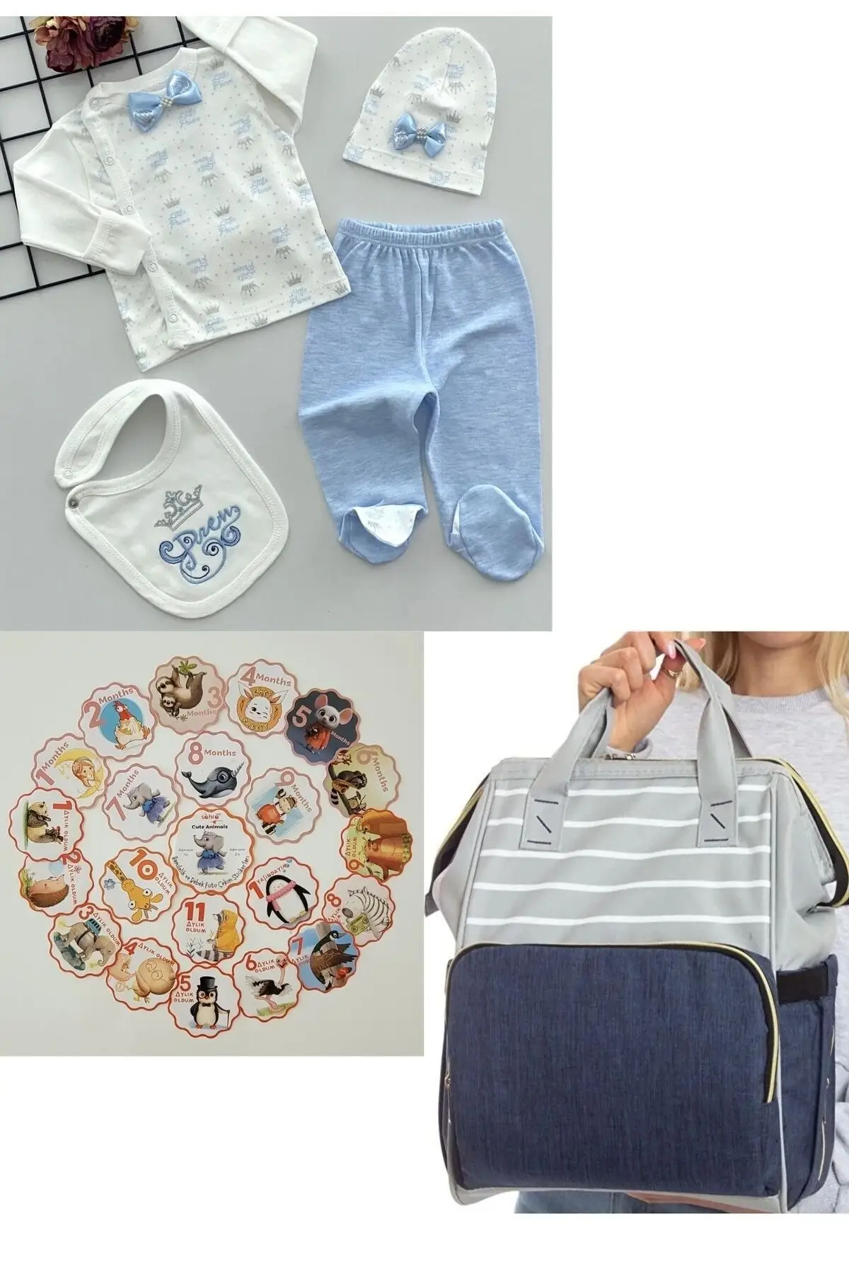 

100% Cotton Hospital Outlet, Mom & Baby Care Backpack and Cute Animals 21 PCs Baby Sticker Set Cotton Navy Blue