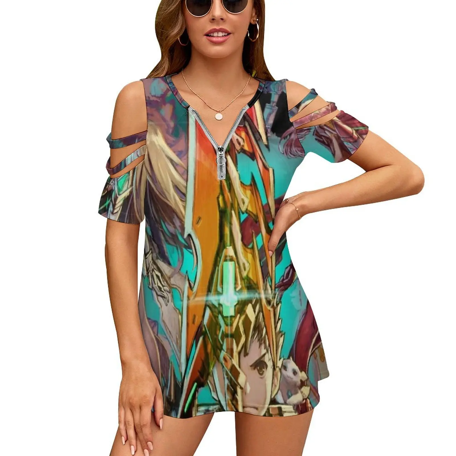 Xenoblade Chronicles™2-Team New Fashion Zip Off Spalla Top Camicia Donna Manica Corta Xenoblade Chairs 2 Xenoblade