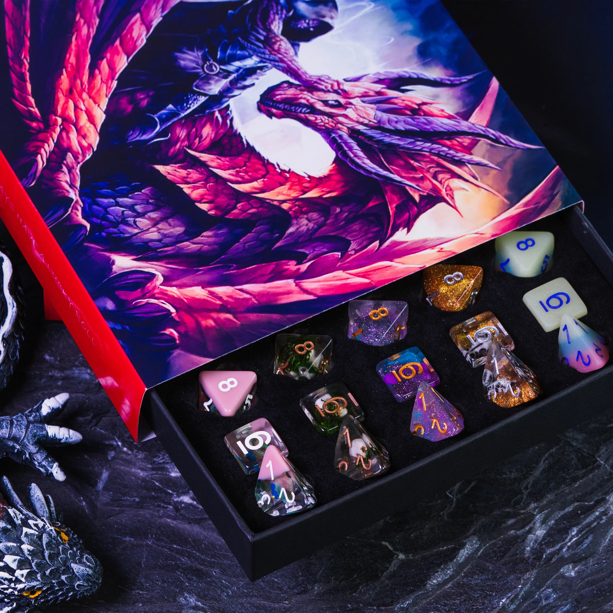 Cusdie D&D Dice Set with 2in1 Gift Box Dice Tray Random 5Sets/35Pcs Resin Polyhedral for Role Playing Board Game Gift Box