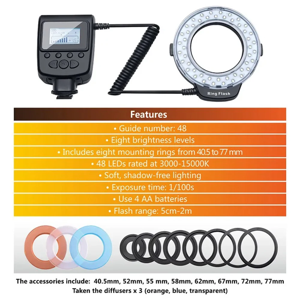 Led Ring Light Camera Flash Light Cameras Photography Led Light for Nikon Canon Pentax Olympus Panasonic DSLR Macro LED Ring Flash Light with 8 Adapter Ring
