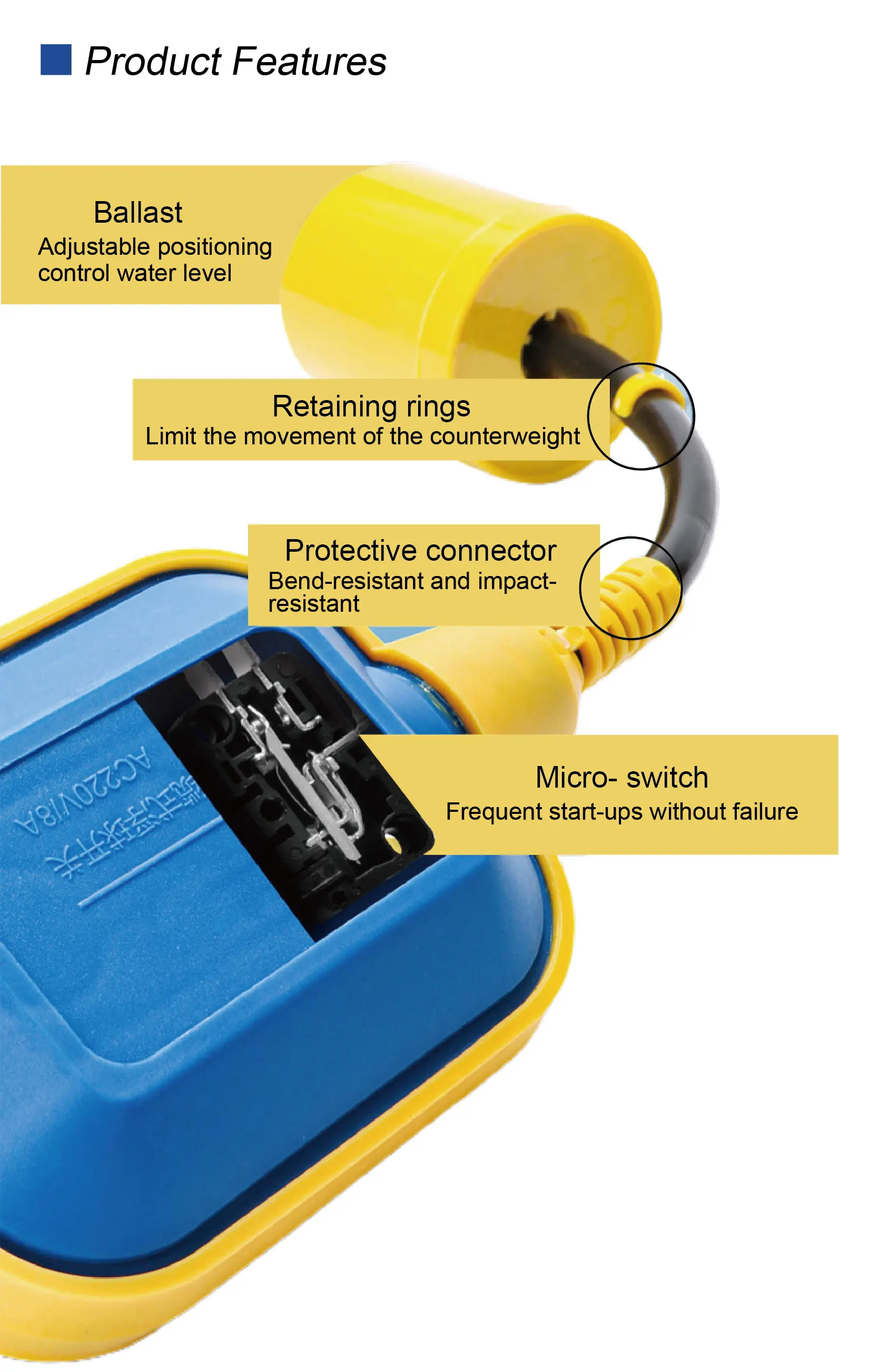 PP Cable Float Switch 2-6m IP65 Waterproof Liquid Level Controller 1650W Single