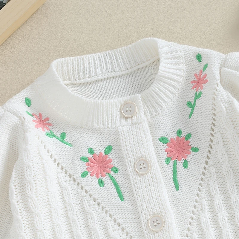Baby Girls Autumn Winter Knit Sweater Long Sleeve Flower Embroidery Button Up Knitwear