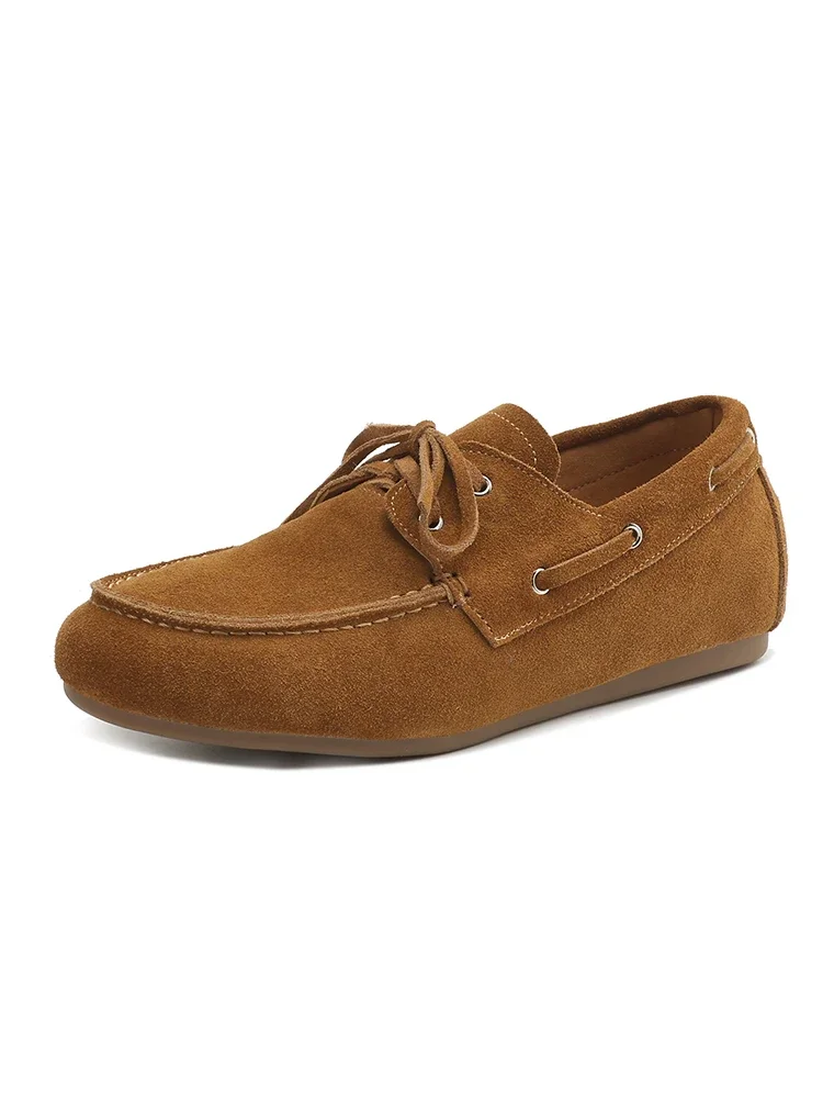 2025 NEW Trend Women Flat Shoes Genuine Leather Spring Autumn Lady Casual Lace Up Shoes Oversizes Size Apricot Brown Women Flats 6