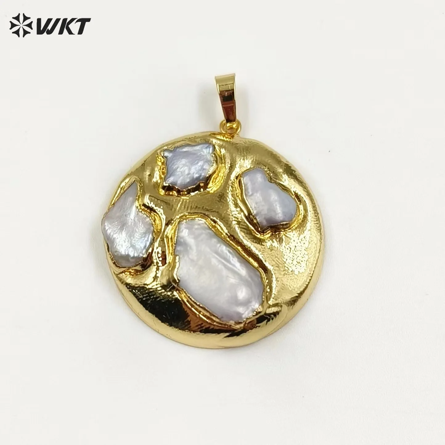 WT-P1942 WKT 독점 18K 리얼 골드 도금 대형 라운드 생 청키 토르말린 쥬얼리 펜던트, 담수 진주 참