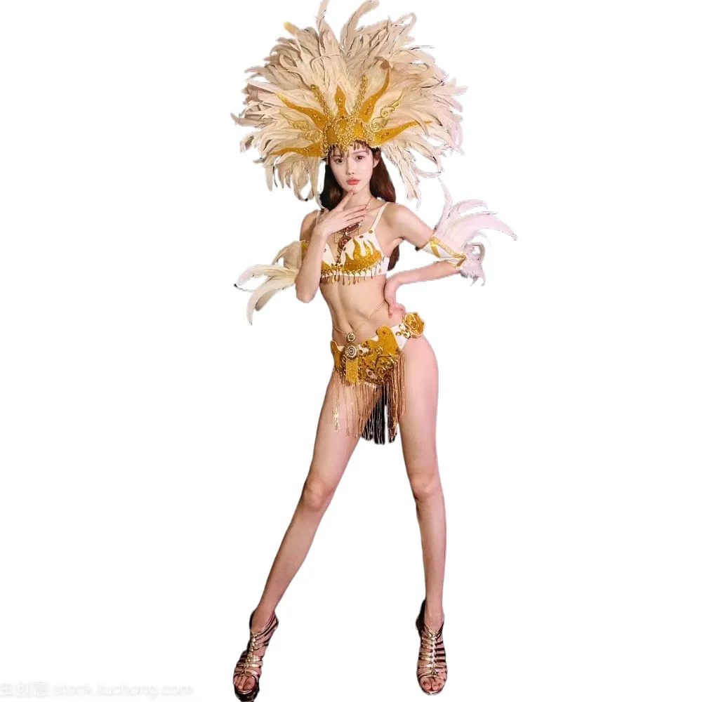 

New Summer Bikini Party samba dance wear Bar feather Costume Business Performance Costume Rave Party Big Feathered Hat Set