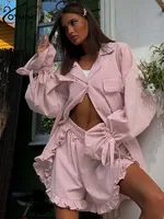 Oymimi Elegant Pink Cotton Sets For Women 2 Pieces Fashion Pockets Long Sleeve Lace-Up Shirts And High Waist Ruffled Shorts Sets - Image 4