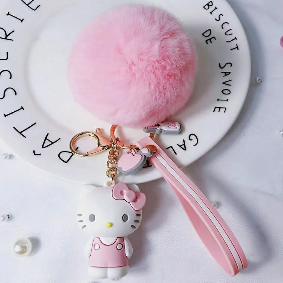 Key Chain Hello Kitty Sanrio Kuromi Penguin Frog Dog Cat Fluffy Rabbit Fur Ball Women Girl Bag Pendant Gifts